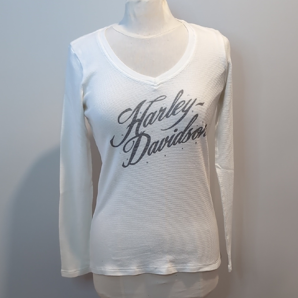 Harley-Davidson White Waffle Weave Long Sleeve Tee
